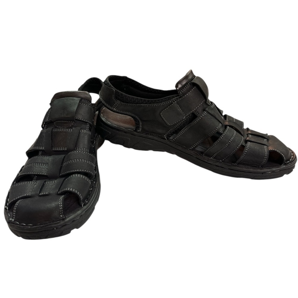 Okko Black Leather Oxford Strap Closed Toe Grey Stitching Sandals Size 13